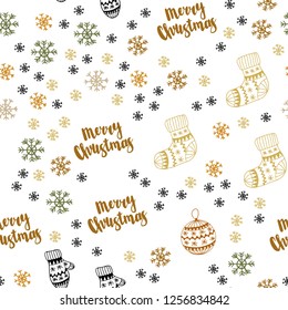 Light Green, Yellow vector seamless texture with colored snowflakes, balls, socks, mittens. Colorful decorative design in xmas style. Pattern for trendy fabric, wallpapers.