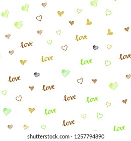 Light Green, Yellow vector seamless texture with words LOVE YOU, hearts. Colorful gradient phrase LOVE YOU, hearts in abstract style. Pattern for design of fabric, wallpapers.