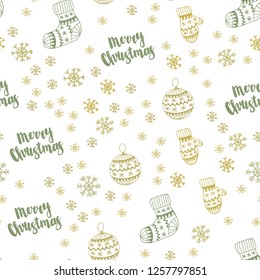 Light Green, Yellow vector seamless cover with beautiful snowflakes, balls, socks, mittens. Glitter abstract illustration with gradient. Pattern for trendy fabric, wallpapers.