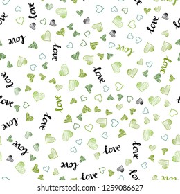 Light Green, Yellow vector seamless texture with words LOVE YOU, hearts. Colorful illustration with quote LOVE YOU, hearts. Pattern for design of fabric, wallpapers.