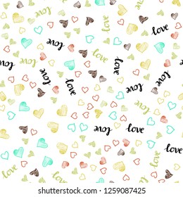 Light Green, Yellow vector seamless cover with quote LOVE YOU, hearts. Colorful illustration with quote LOVE YOU, hearts. Design for wallpaper, fabric makers.