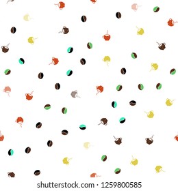 Light Green, Yellow vector seamless pattern with coffee beans, cups. Gradient illustration with set of mugs, beans. Design for ad, poster, banner of cafes, restaurants.