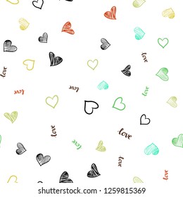 Light Green, Yellow vector seamless texture with words LOVE YOU, hearts. Illustration with words of love, hearts in abstract style. Pattern for trendy fabric, wallpapers.