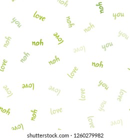 Light Green, Yellow vector seamless pattern with phrase LOVE YOU. Decorative design in doodle style with text LOVE YOU. Template for business cards, websites.