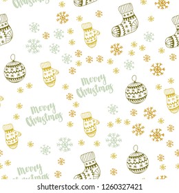Light Green, Yellow vector seamless cover with beautiful snowflakes, balls, socks, mittens. Shining colorful illustration in christmas style. Pattern for trendy fabric, wallpapers.