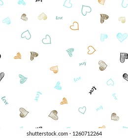 Light Green, Yellow vector seamless template with text LOVE YOU, hearts. Illustration with words of love, hearts in abstract style. Pattern for design of fabric, wallpapers.