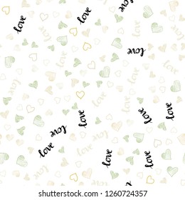 Light Green, Yellow vector seamless texture with words LOVE YOU, hearts. Design in doodle style with text LOVE YOU, hearts. Pattern for trendy fabric, wallpapers.