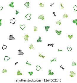 Light Green, Yellow vector seamless background with words of love, hearts. Colorful gradient phrase LOVE YOU, hearts in abstract style. Texture for window blinds, curtains.