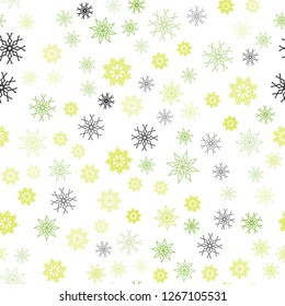 Light Green, Yellow vector seamless background with xmas snowflakes. Snow on blurred abstract background with gradient. Pattern for trendy fabric, wallpapers.