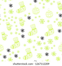 Light Green, Yellow vector seamless texture with colored snowflakes, balls, socks, mittens. Glitter abstract illustration with gradient. Pattern for trendy fabric, wallpapers.