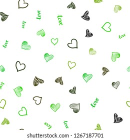 Light Green, Yellow vector seamless background with words of love, hearts. Illustration with words of love, hearts in abstract style. Design for wallpaper, fabric makers.