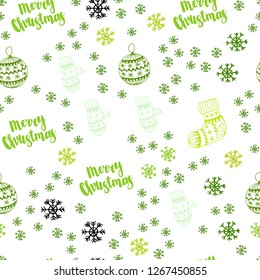 Light Green, Yellow vector seamless pattern with christmas snowflakes, balls, socks, mittens. Colorful decorative design in xmas style. Pattern for design of fabric, wallpapers.