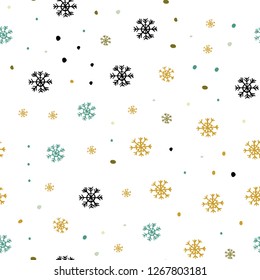 Light Green, Yellow vector seamless cover with beautiful snowflakes. Colorful decorative design in xmas style with snow. Template for business cards, websites.