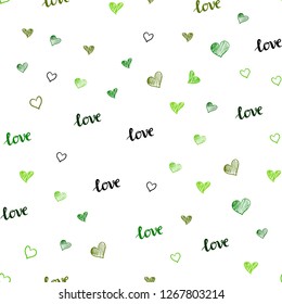 Light Green, Yellow vector seamless backdrop with phrase LOVE YOU, hearts. Illustration with words of love, hearts in abstract style. Pattern for design of fabric, wallpapers.