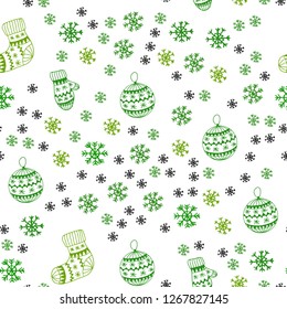 Light Green, Yellow vector seamless pattern with christmas snowflakes, balls, socks, mittens. Colorful illustration with xmas symbols. Design for wallpaper, fabric makers.