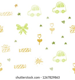 Light Green, Yellow vector seamless backdrop with holiday gifts. Abstract illustration with a toy car, heart, baloon, tulip, candy, ball. Template for new year postcards.