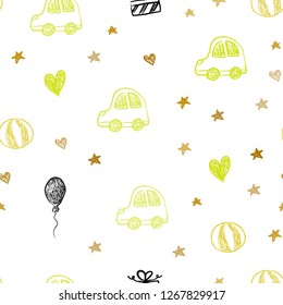Light Green, Yellow vector seamless backdrop with holiday gifts. Shining illustration with a toy car, heart, baloon, tulip, candy, ball. Pattern for new year ads.