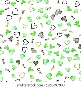 Light Green, Yellow vector seamless pattern with phrase LOVE YOU, hearts. Colorful illustration with quote LOVE YOU, hearts. Pattern for design of fabric, wallpapers.