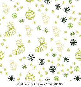 Light Green, Yellow vector seamless cover with beautiful snowflakes, balls, socks, mittens. Modern geometric abstract illustration. Texture for window blinds, curtains.