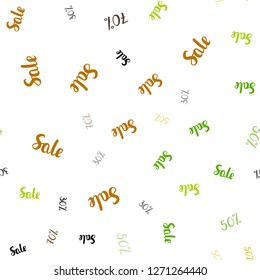 Light Green, Yellow vector seamless layout with discount of 30, 50, 70%. Gradient illustration with discount signs on white backdrop. Pattern for ads, posters, banners of sales.