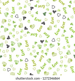 Light Green, Yellow vector seamless texture with words LOVE YOU, hearts. Colorful illustration with quote LOVE YOU, hearts. Pattern for trendy fabric, wallpapers.