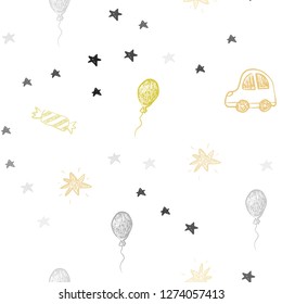 Light Green, Yellow vector seamless texture in birthday style. Illustration with a colorful toy car, baloon, candy, star, ball. Pattern for new year ads.