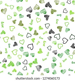 Light Green, Yellow vector seamless texture with words LOVE YOU, hearts. Illustration with phrase LOVE YOU, hearts for valentine's day. Template for business cards, websites.