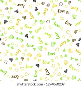 Light Green, Yellow vector seamless pattern with phrase LOVE YOU, hearts. Romantic illustration with colorful phrase LOVE YOU, hearts. Template for business cards, websites.
