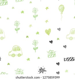 Light Green, Yellow vector seamless pattern with christmas toys. Illustration with a gradient toy car, heart, baloon, tulip, candy, ball. Template for new year postcards.