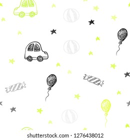 Light Green, Yellow vector seamless layout in new year style. Illustration with a gradient toy car, baloon, candy, star, ball. Design for holiday adverts.