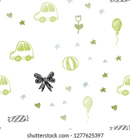 Light Green, Yellow vector seamless backdrop with holiday gifts. Abstract illustration with a toy car, heart, baloon, tulip, candy, ball. Design for holiday adverts.