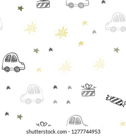 Light Green, Yellow vector seamless backdrop in holiday style. Shining illustration with a toy car, baloon, candy, star, ball. Pattern for carnival, festival ads.