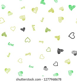 Light Green, Yellow vector seamless backdrop with phrase LOVE YOU, hearts. Illustration with words of love, hearts in abstract style. Pattern for trendy fabric, wallpapers.