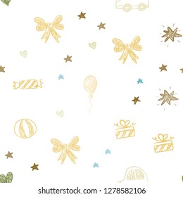 Light Green, Yellow vector seamless layout with new year gifts. Colorful illustration with a toy car, heart, baloon, tulip, candy, ball. Design for colorful commercials.