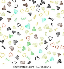 Light Green, Yellow vector seamless pattern with phrase LOVE YOU, hearts. Illustration with phrase LOVE YOU, hearts for valentine's day. Design for textile, fabric, wallpapers.