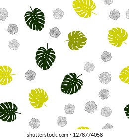 Light Green, Yellow vector seamless natural pattern with flowers, leaves. Leaves, flowers in natural style on white background. Design for textile, fabric, wallpapers.