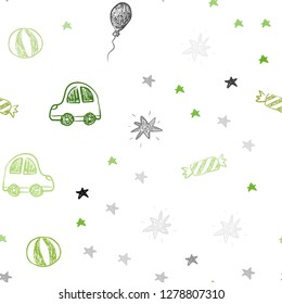 Light Green, Yellow vector seamless backdrop in holiday style. Design in xmas style with a toy car, baloon, candy, star, ball. Pattern for carnival, festival ads.