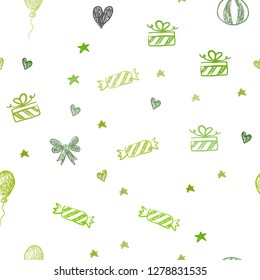 Light Green, Yellow vector seamless layout in new year style. Abstract illustration with aheart, baloon, candy, gift, star, ribbon. Pattern for new year ads.