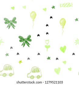Light Green, Yellow vector seamless pattern with christmas toys. Illustration with a gradient toy car, heart, baloon, tulip, candy, ball. Template for new year postcards.