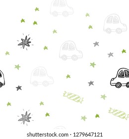 Light Green, Yellow vector seamless layout in new year style. Colorful illustration with a toy car, baloon, candy, star, ball. Design for colorful commercials.