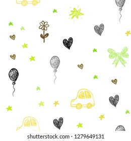 Light Green, Yellow vector seamless background with xmas attributes. Shining illustration with a toy car, heart, baloon, tulip, candy, ball. Template for new year postcards.