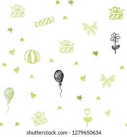 Light Green, Yellow vector seamless pattern in christmas style. Shining illustration with aheart, baloon, candy, gift, star, ribbon. Pattern for birthday gifts.