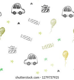 Light Green, Yellow vector seamless texture in birthday style. Illustration with a gradient toy car, baloon, candy, star, ball. Pattern for carnival, festival ads.