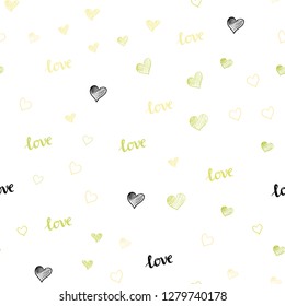 Light Green, Yellow vector seamless cover with quote LOVE  , hearts. Design in doodle style with text LOVE  , hearts. Design for wallpaper, fabric makers.