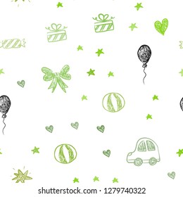 Light Green, Yellow vector seamless texture with birthday gifts. Illustration with a colorful toy car, heart, baloon, tulip, candy, ball. Design for holiday adverts.