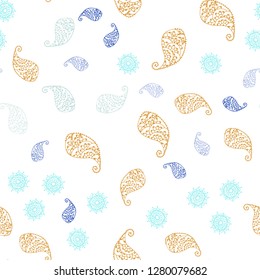 Light Green, Yellow vector seamless natural background with leaves and flowers. Decorative design in Indian style on white background. Texture for window blinds, curtains.