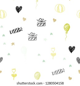 Light Green, Yellow vector seamless template in carnival style. Shining illustration with aheart, baloon, candy, gift, star, ribbon. Design for colorful commercials.