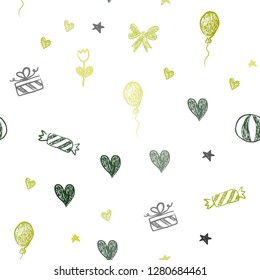 Light Green, Yellow vector seamless pattern in christmas style. Shining illustration with aheart, baloon, candy, gift, star, ribbon. Design for colorful commercials.