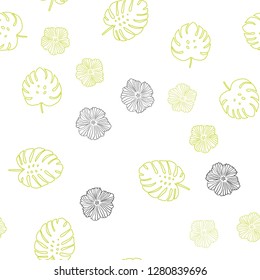 Light Green, Yellow vector seamless natural pattern with flowers, leaves. Sketchy doodles on white background. Design for textile, fabric, wallpapers.