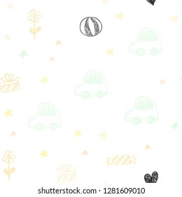 Light Green, Yellow vector seamless background with xmas attributes. Colorful illustration with a toy car, heart, baloon, tulip, candy, ball. Design for colorful commercials.